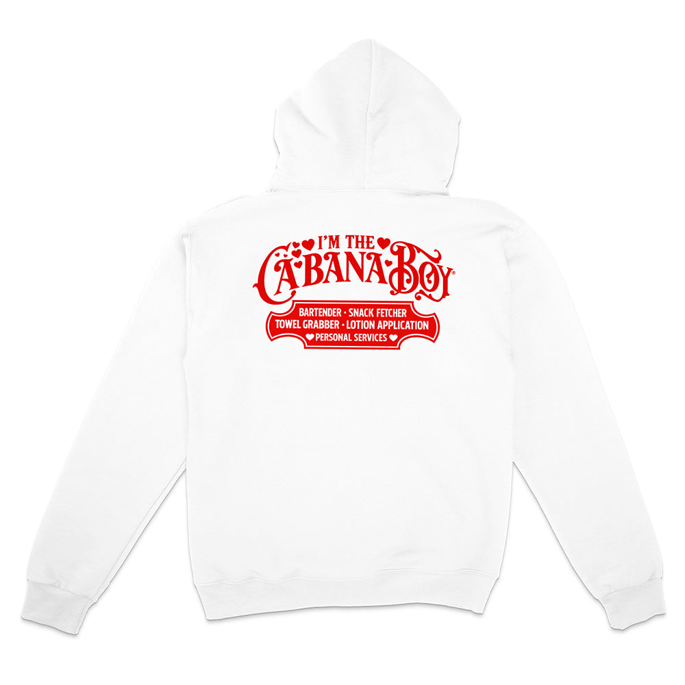 White hoodie with red text on a white background