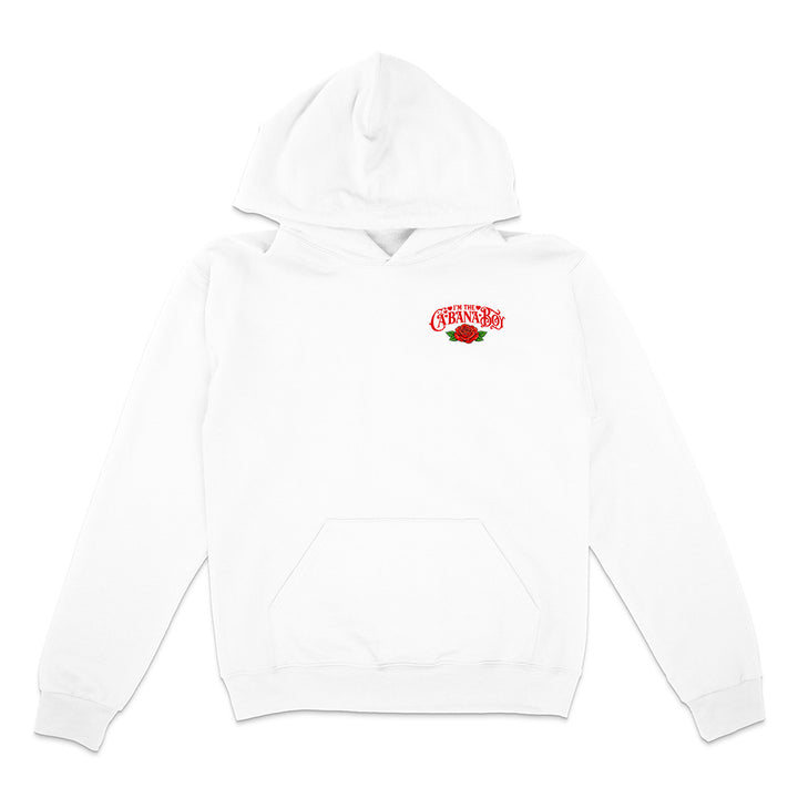 White hoodie with a red and black logo on a white background