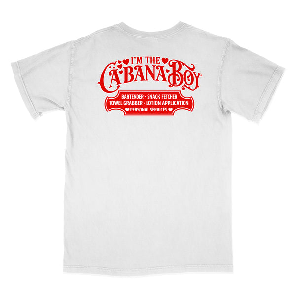 White t-shirt with red text on a white background