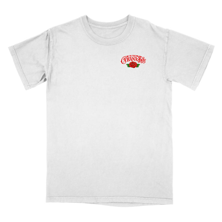 White t-shirt with a red and green logo on a white background
