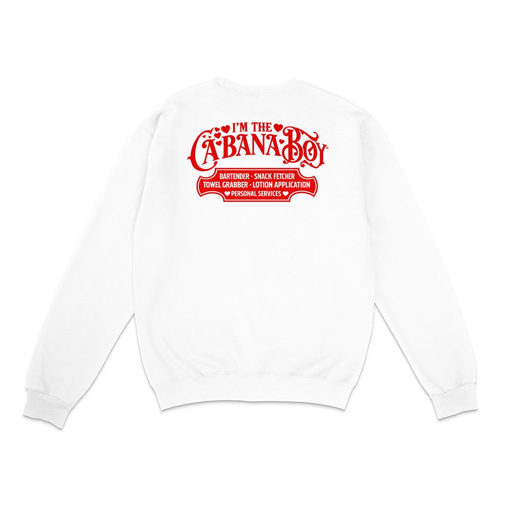 White sweatshirt with red text on a white background