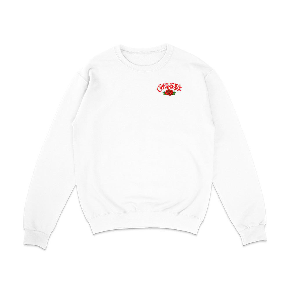 White sweatshirt with a red and yellow logo on a white background