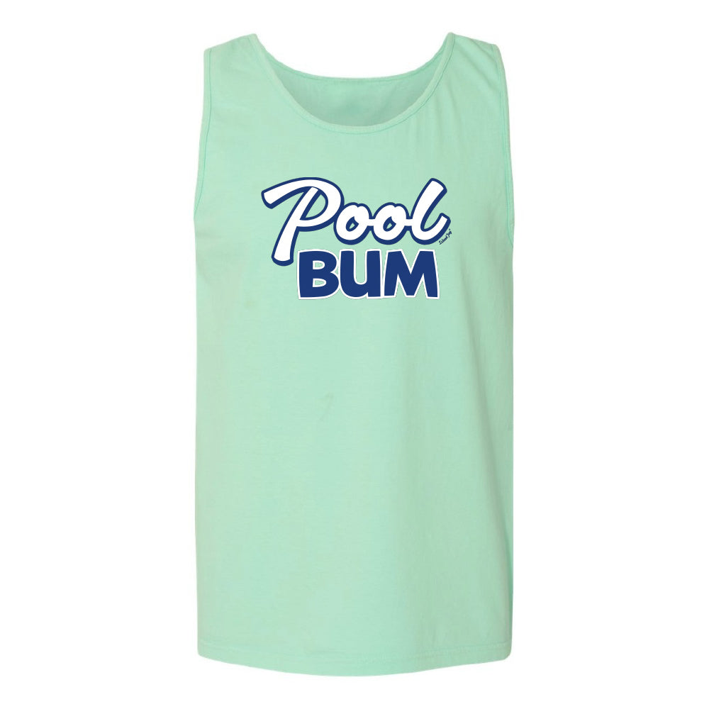 Mint green tank top with 'Pool Bum' text on a white background
