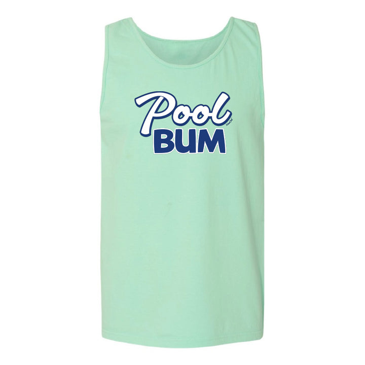 Mint green tank top with 'Pool Bum' text on a white background