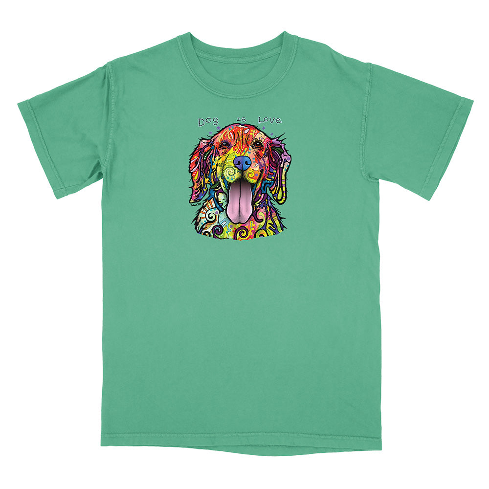 Green t-shirt with a colorful dog graphic and text on a white background
