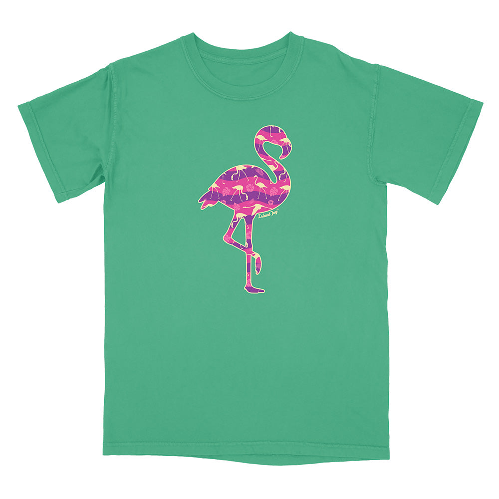 Green t-shirt with a pink flamingo design on a white background.