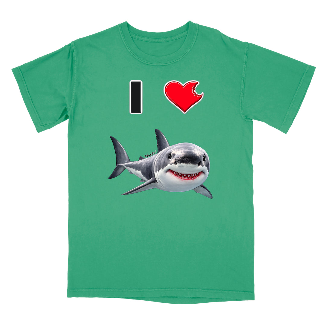 A green short-sleeve crewneck t-shirt featuring a graphic print of a shark and the text 'I' followed by a red heart and the shark, displayed on a solid white background.