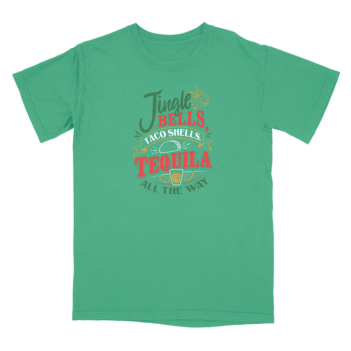 Green blue t-shirt with colorful graphic and text reading "Jingle Bells Taco Shells Tequila All The Way".