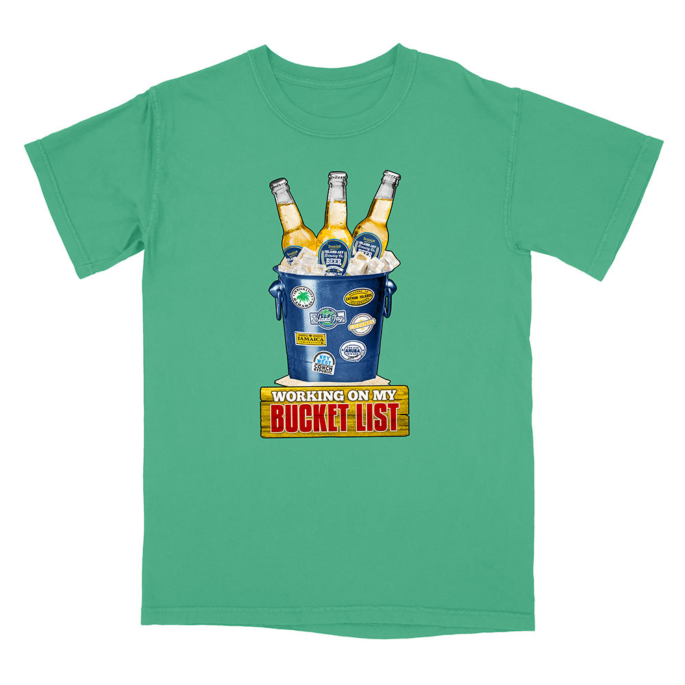 Green t-shirt with a graphic of a bucket of beer and 'Working on my Bucket List' text.