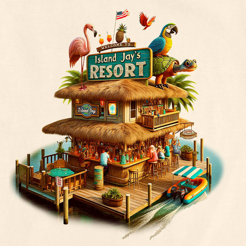 Island Jay's Resort Vintage T-Shirt Closeup. Shows a beautiful resort and bar with lots of people having a great time. You can see fun tropical animals all over the location.