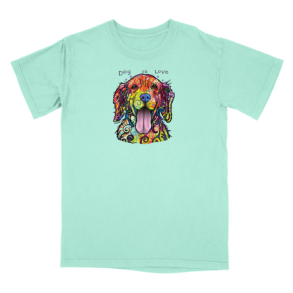 Mint green t-shirt with a colorful dog graphic and 'Dog is Love' text on a white background
