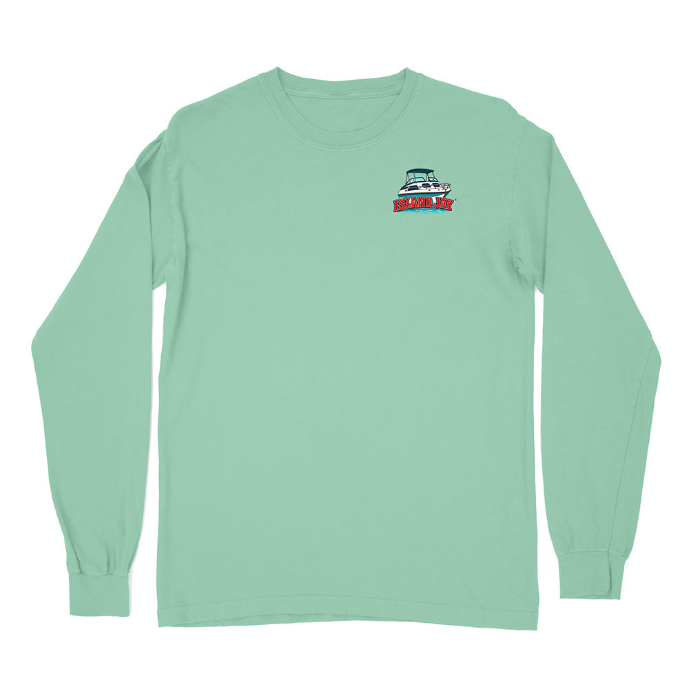 A mint green long-sleeve t-shirt with a small boat graphic on the left chest, displayed flat against a solid white background.