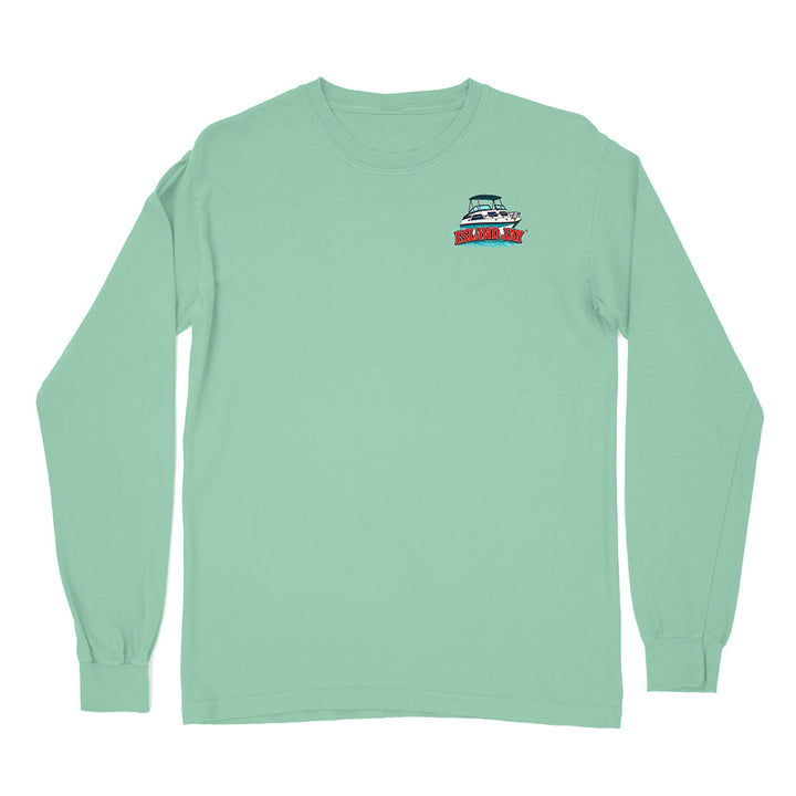 A mint green long-sleeve t-shirt with a small boat graphic on the left chest, displayed flat against a solid white background.