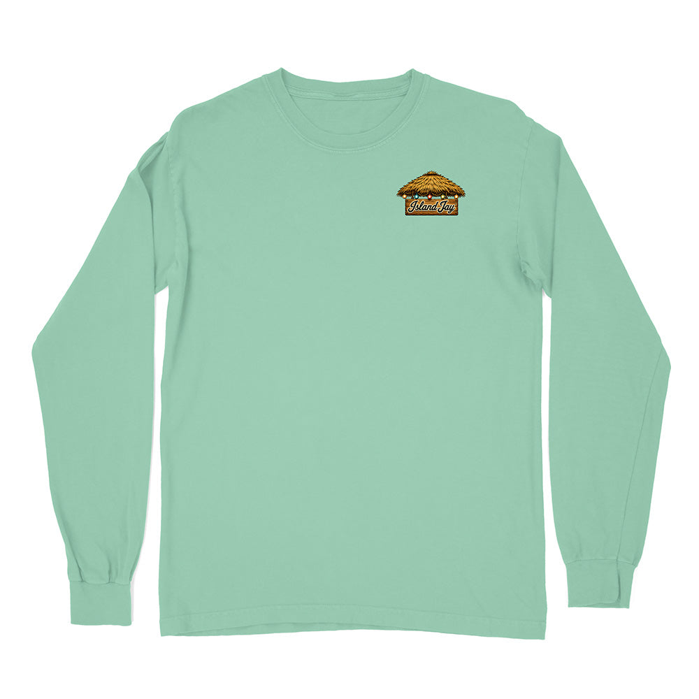 A mint green long-sleeve t-shirt with a small colorful graphic on the left chest, displayed flat against a solid white background.