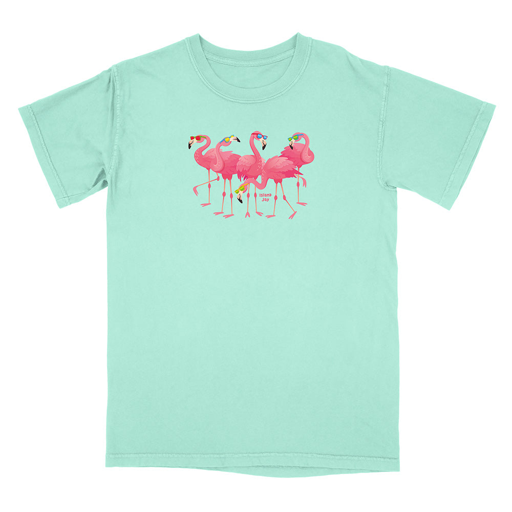 Mint green t-shirt with pink flamingo design on a white background