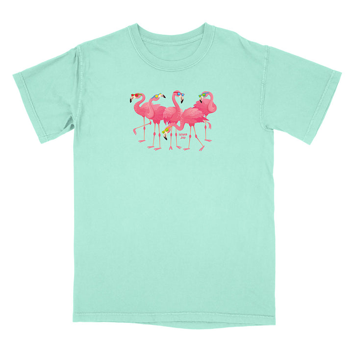 Mint green t-shirt with pink flamingo design on a white background