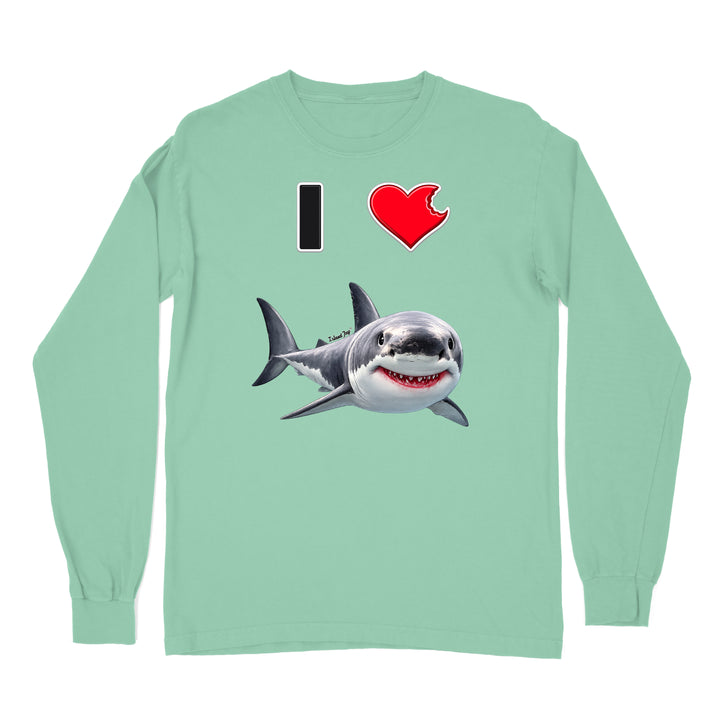 A mint green long sleeve shirt with the phrase "I love shark" written with a heart icon graphic for the "love" and a cute shark graphic for the "Shark".