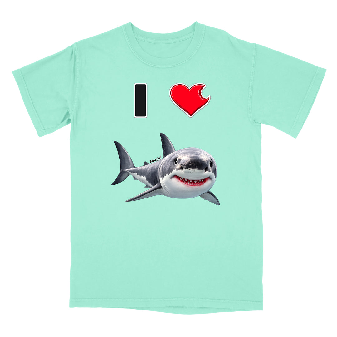 A mint green short-sleeve t-shirt featuring a graphic print of a great white shark below a text design that reads 'I' followed by a red heart and the shark.