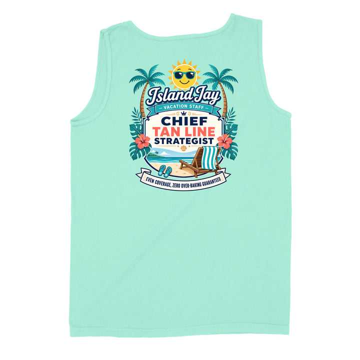 A mint green sleeveless tank top shown flat against a white background, featuring a colorful graphic print on the front with palm trees, a sun, and text that reads 'Island Jay Vacation Staff CHIEF TAN LINE STRATEGIST' and 'FREE APPAREL, FREE BED QUILTING QUALITY!'.