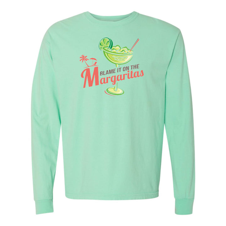 Mint green long-sleeve shirt with margarita graphic and text on a white background