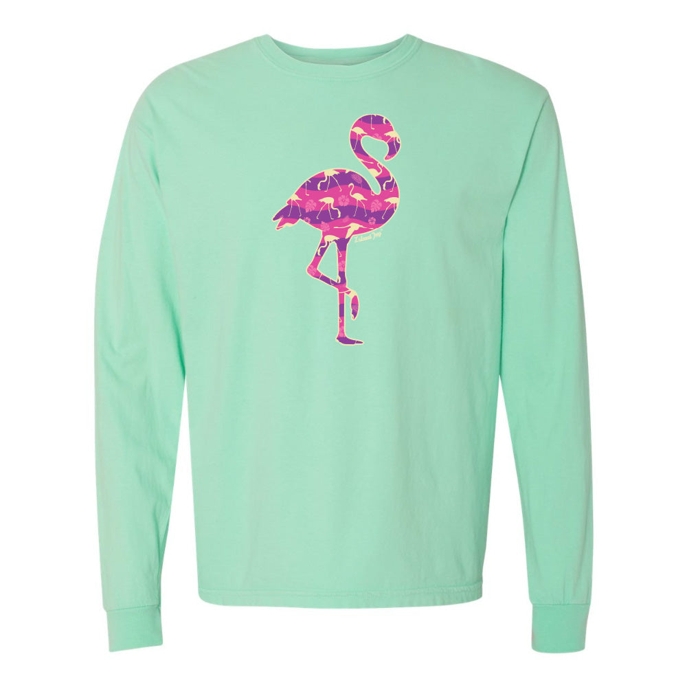 Mint Green long-sleeve shirt with a pink flamingo design on a white background