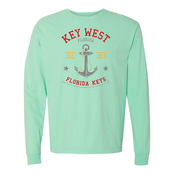 Mint green long-sleeve shirt with 'Key West Florida' and anchor design on a white background
