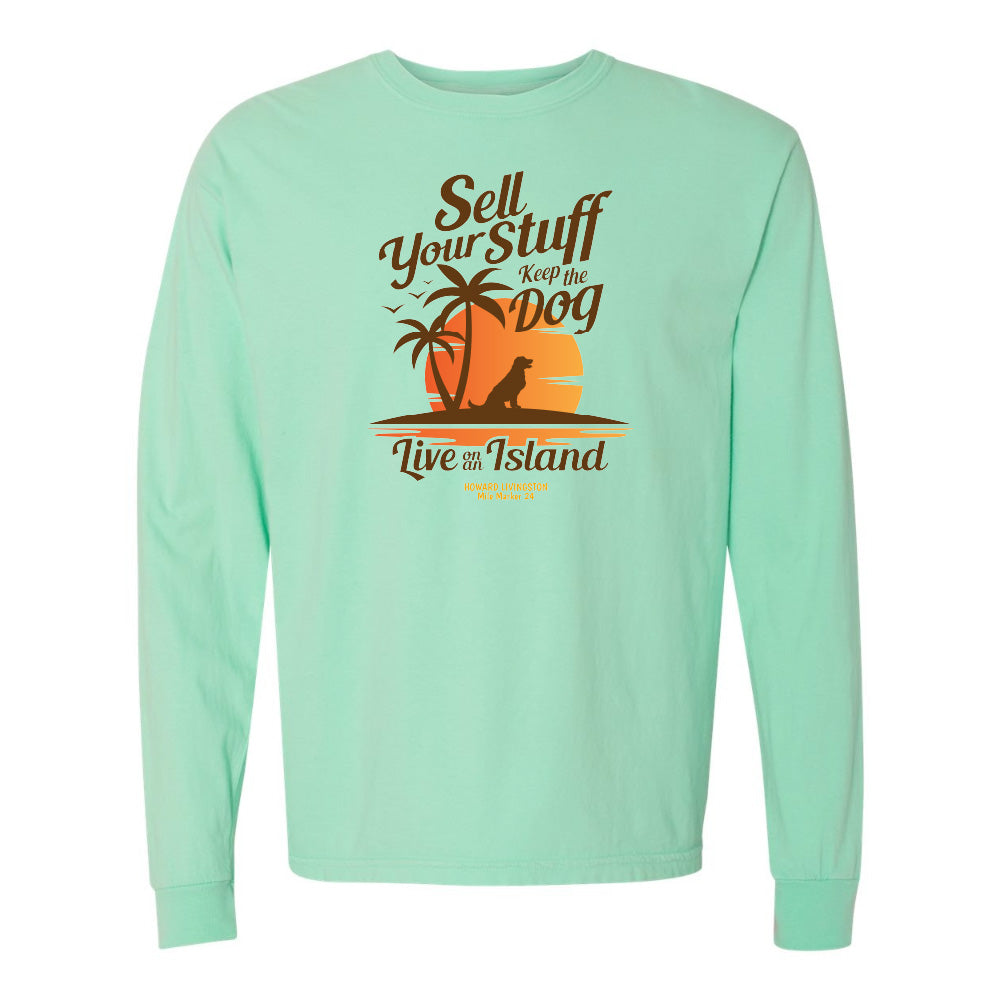Mint green long-sleeve shirt with a graphic and text on a white background