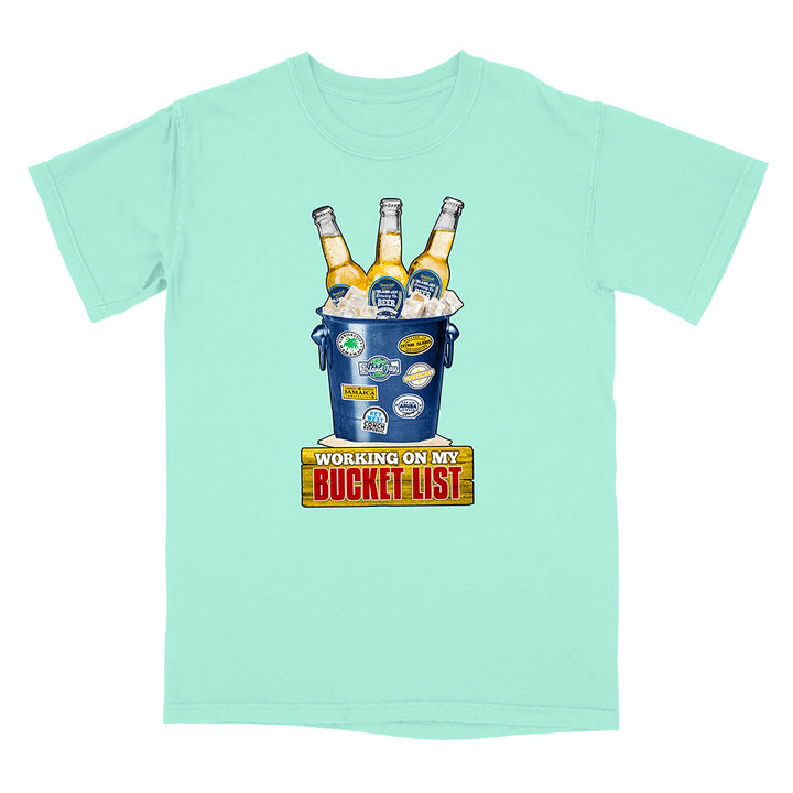 Mint green t-shirt with a graphic of a bucket of beer and 'Working on my Bucket List' text.