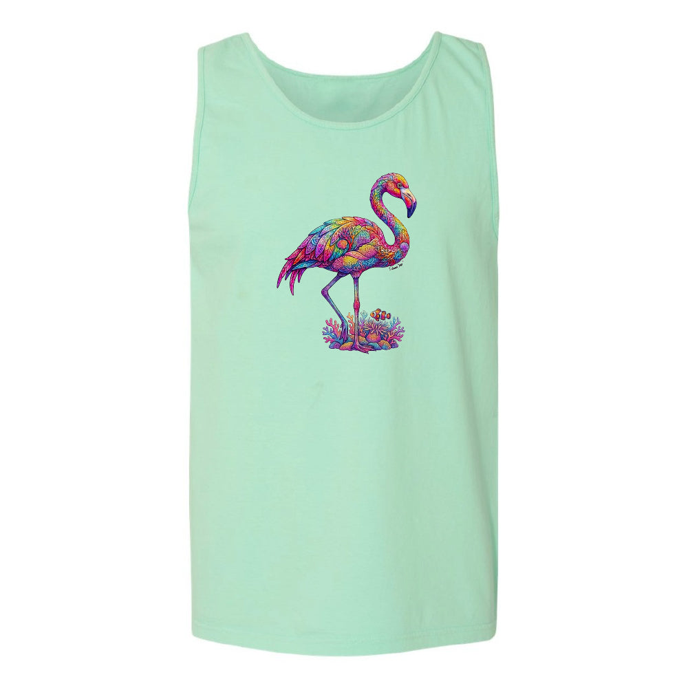 Mint green tank top with a colorful flamingo design on a white background