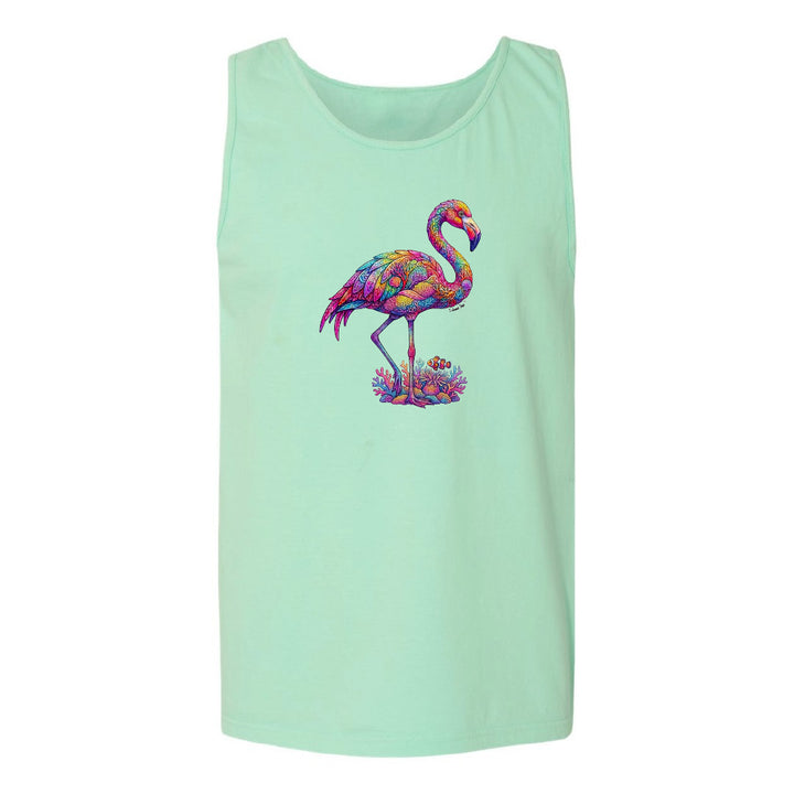 Mint green tank top with a colorful flamingo design on a white background