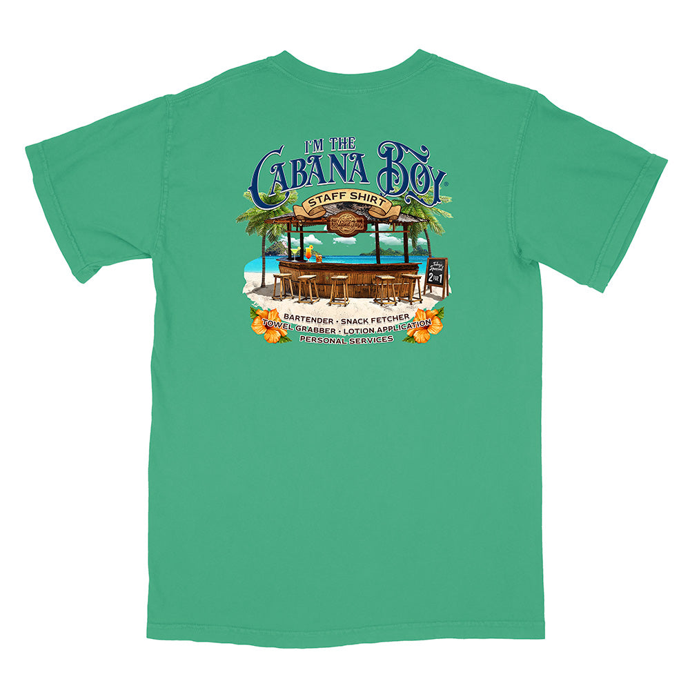 Green t-shirt with 'I'm the Cabana Boy Staff Shirt' graphic on a white background