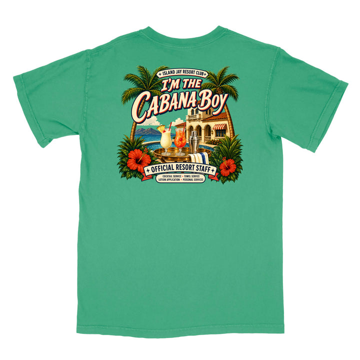 A green short-sleeve t-shirt shown from the back, featuring a large colorful graphic print with palm trees, hibiscus flowers, a resort scene, and the text 'I'm The Cabana Boy' and 'Official Resort Staff'.