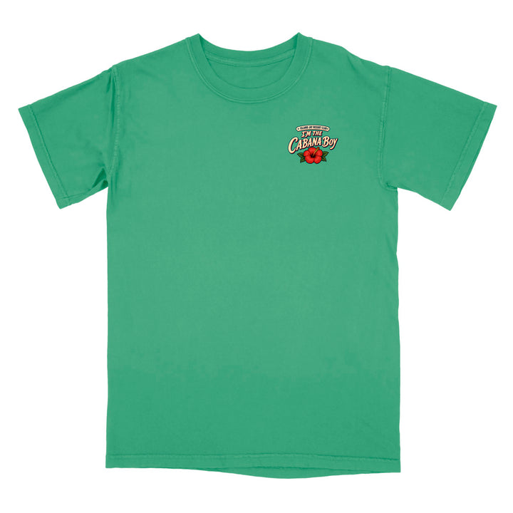 A green short-sleeve crewneck t-shirt with a small graphic on the left chest reading 'Welcome to Cabana Boy' with a red rose illustration, shown on a plain white background.