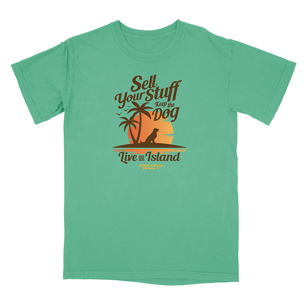 Green t-shirt with a tropical graphic and text on a white background