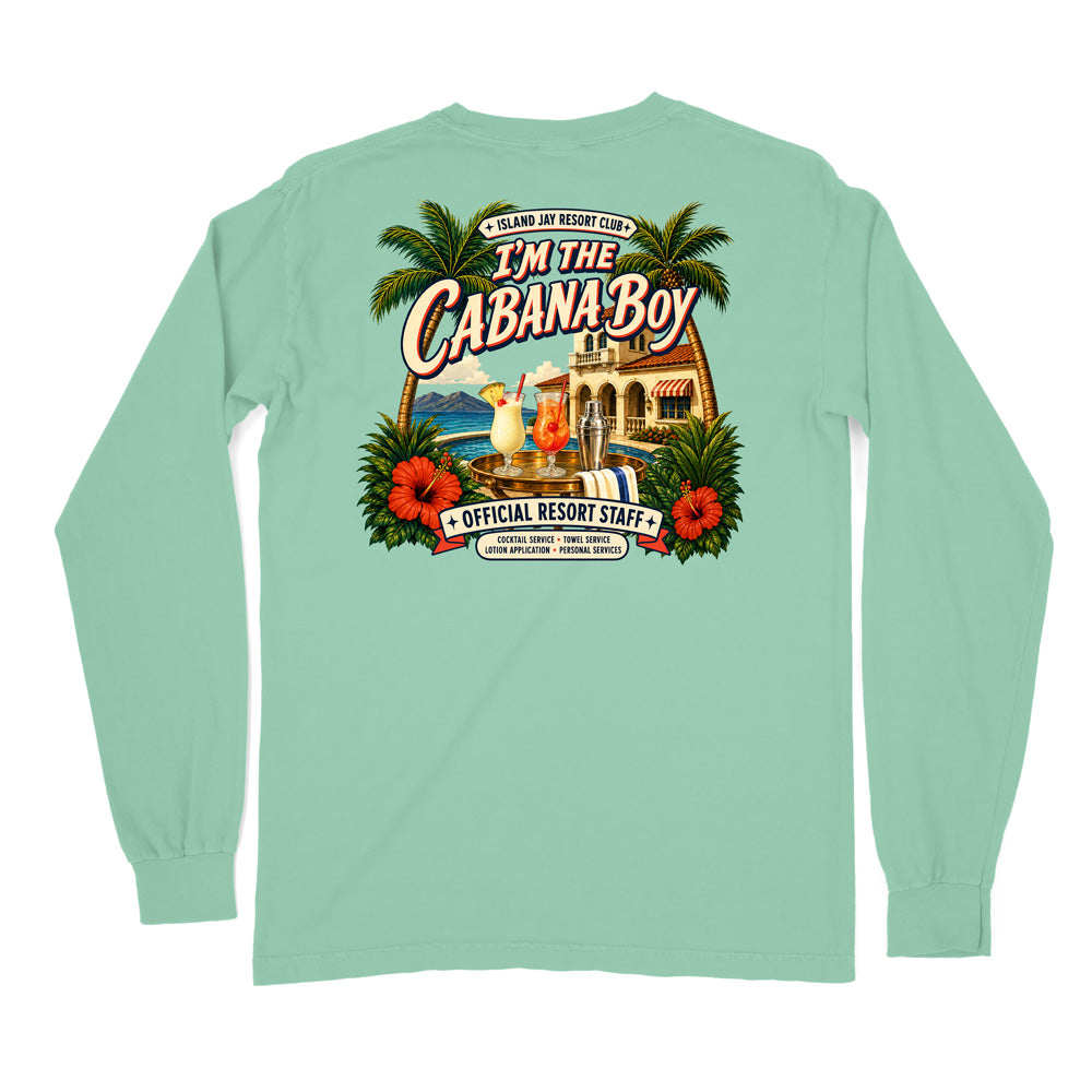 A mint green long-sleeve t-shirt shown from the back, featuring a large, colorful graphic print of a tropical resort scene with palm trees, hibiscus flowers, and the text 'I'm The Cabana Boy' and 'Official Resort Staff'.