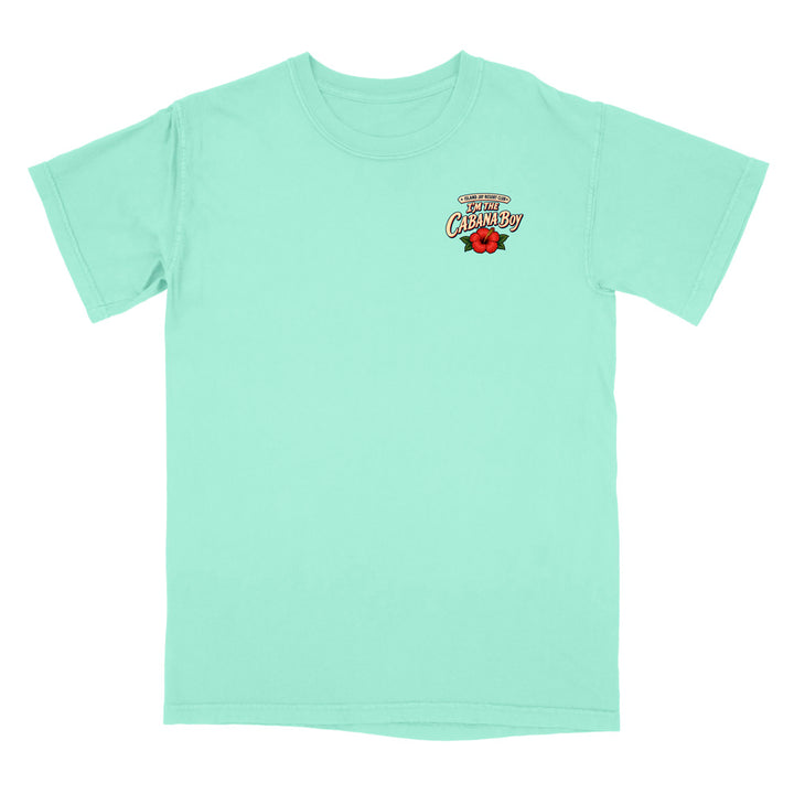 A mint green short-sleeve crewneck t-shirt with a small graphic on the left chest featuring the text 'BEST CREATION' in a retro font above a red rose, displayed on a solid white background.