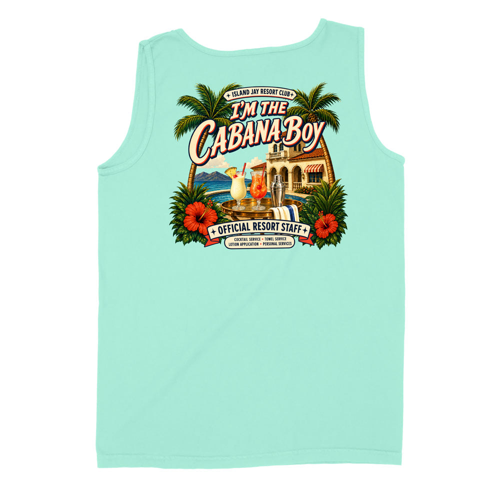 A mint green sleeveless tank top shown from the back, featuring a large colorful retro graphic with palm trees, hibiscus flowers, cocktails, a resort building, and the text 'I'M THE CABANA-BOY' and 'ISLAND JOY RESORT CLUB'.