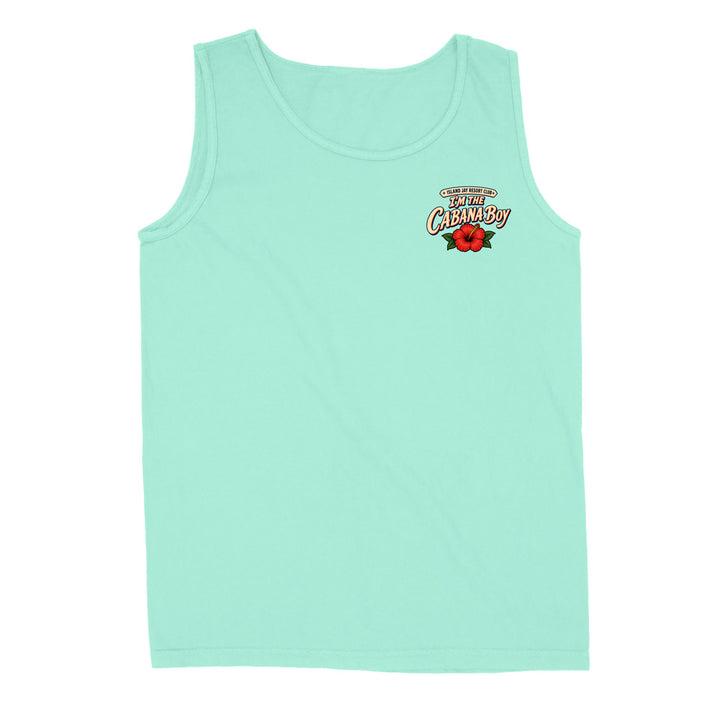 A mint green sleeveless tank top with a small graphic on the left chest reading 'The Great Cat and By' in stylized lettering above a red flower, shown on a plain white background.