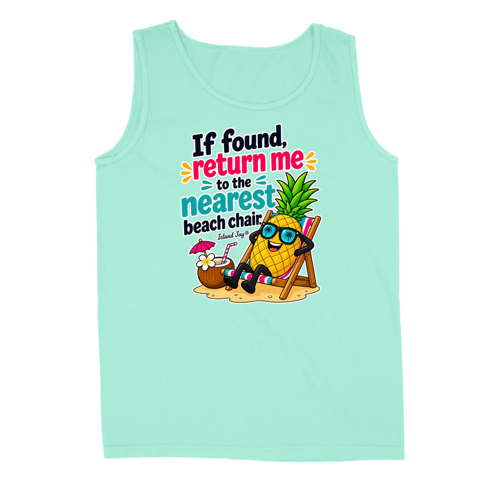 A mint green sleeveless tank top featuring a colorful graphic of a pineapple character wearing sunglasses and lying in a beach chair next to a coconut drink, with the text 'If found, return me to the nearest beach chair' and 'Island Style'.