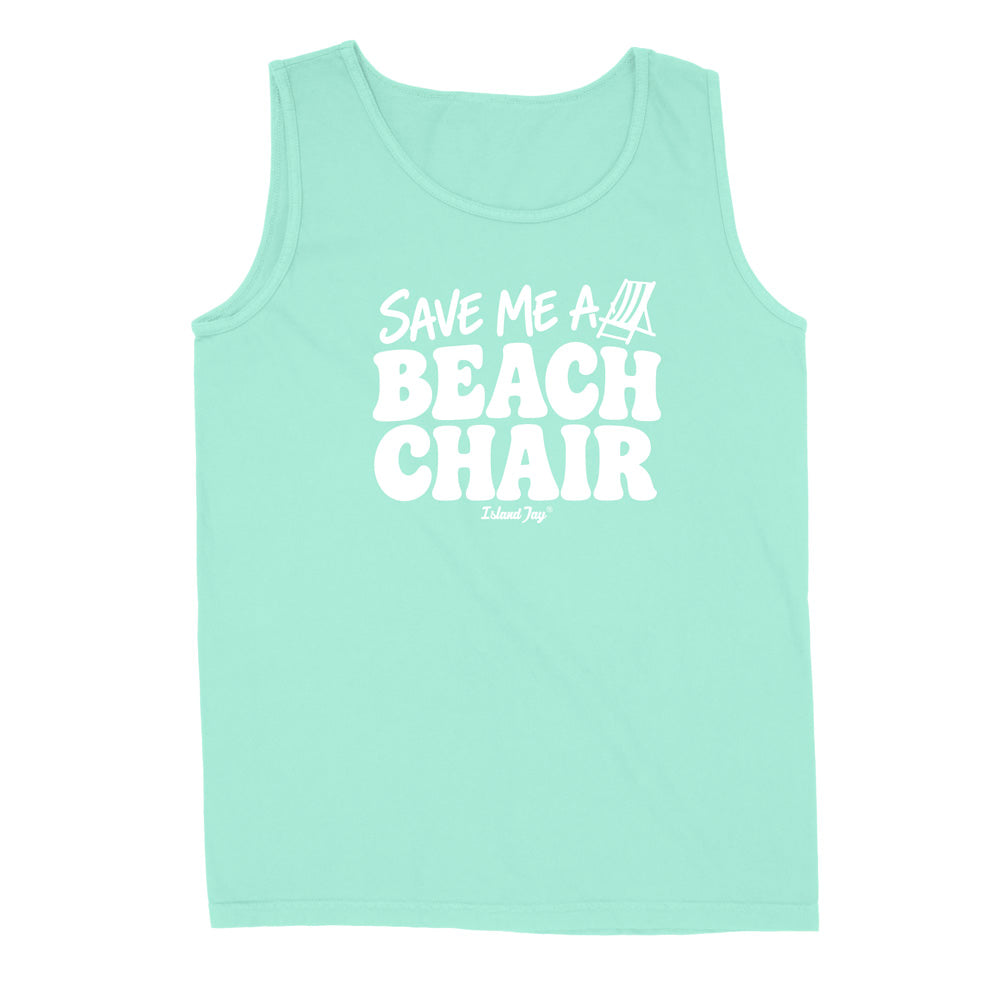 A mint green sleeveless tank top with a white graphic print that reads 'SAVE ME A BEACH CHAIR'