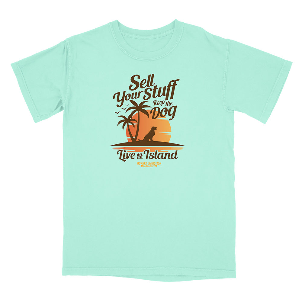 Mint green t-shirt with a tropical graphic and text on a white background