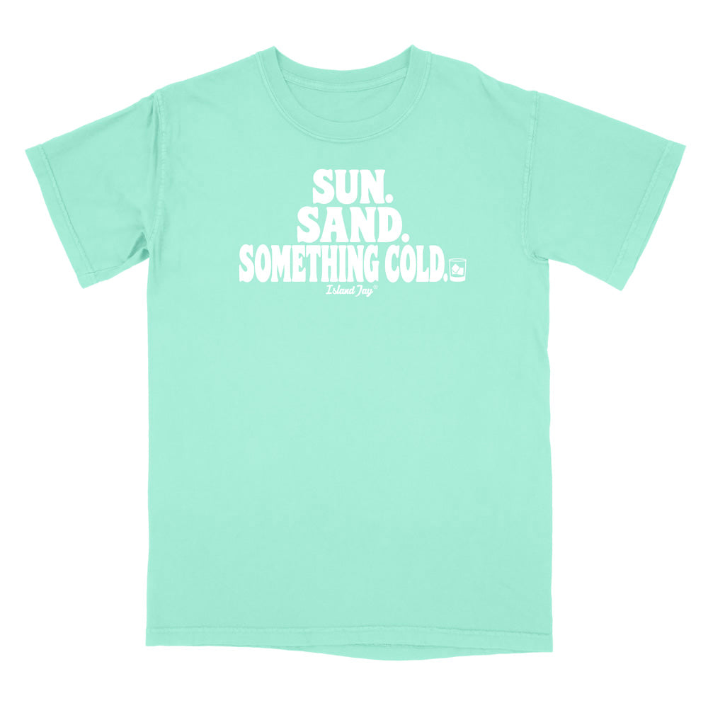 A mint green short-sleeve t-shirt with a white graphic text print reading 'SUN. SAND. Something cold