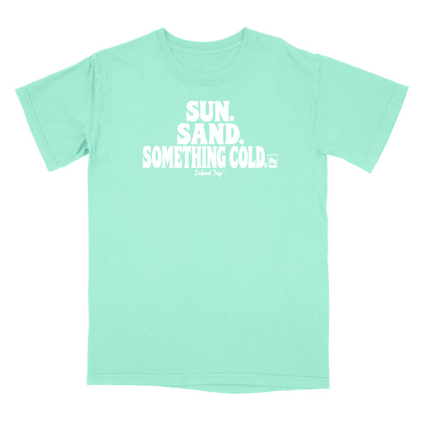A mint green short-sleeve t-shirt with a white graphic text print reading 'SUN. SAND. Something cold