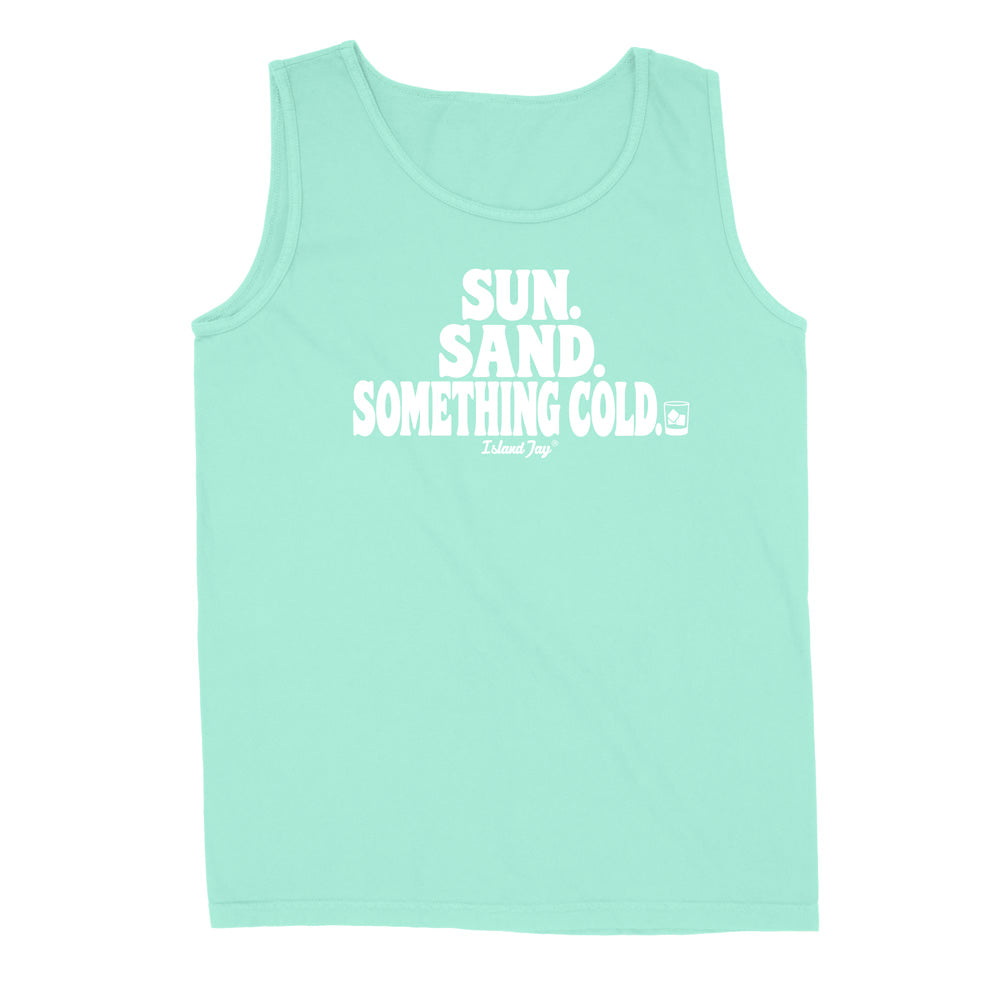 A mint green sleeveless tank top with white text reading 'SUN. SAND. Something cold
