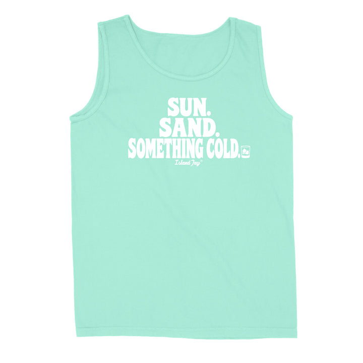 A mint green sleeveless tank top with white text reading 'SUN. SAND. Something cold
