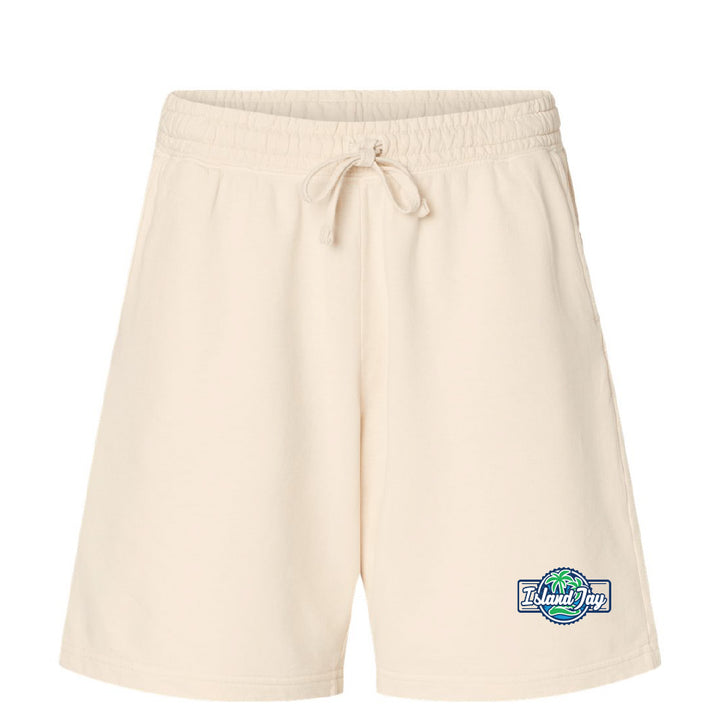 Beige shorts with a logo on a white background