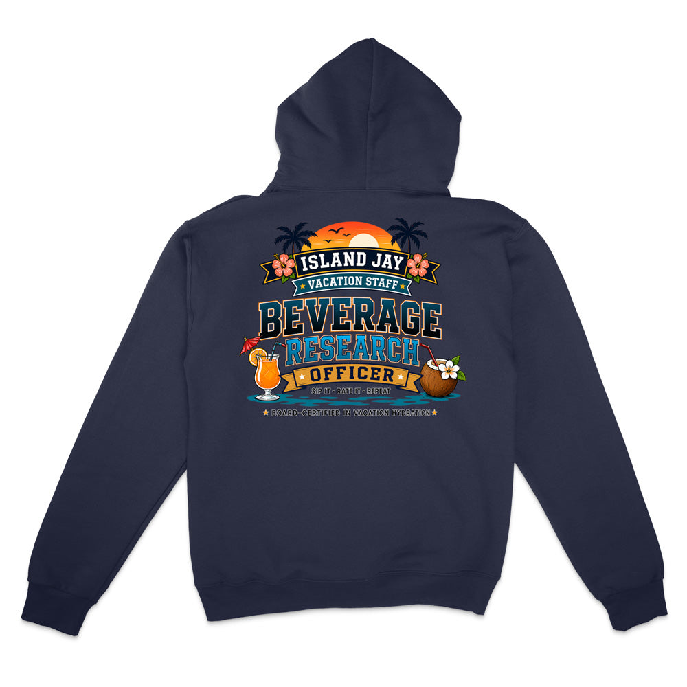 A navy blue hoodie shown from the back, featuring a colorful graphic print with tropical elements and the text 'ISLAND JAY BEVERAGE RESEARCHER OFFICER'.