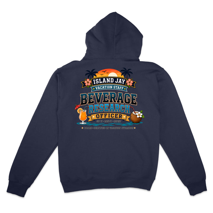 A navy blue hoodie shown from the back, featuring a colorful graphic print with tropical elements and the text 'ISLAND JAY BEVERAGE RESEARCHER OFFICER'.