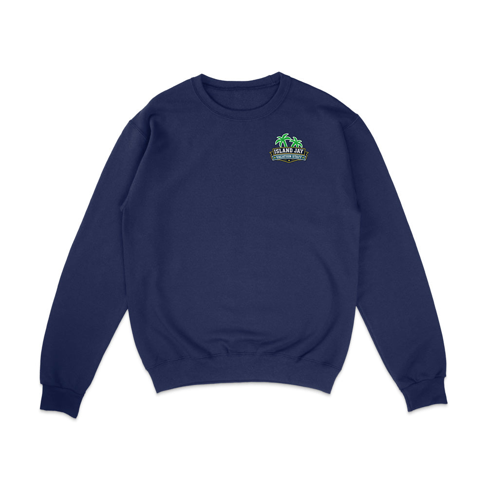 A navy blue crewneck sweatshirt with a small colorful graphic on the left chest featuring palm trees and the text 'Tampa Bay Buccaneers', displayed on a clean white background.
