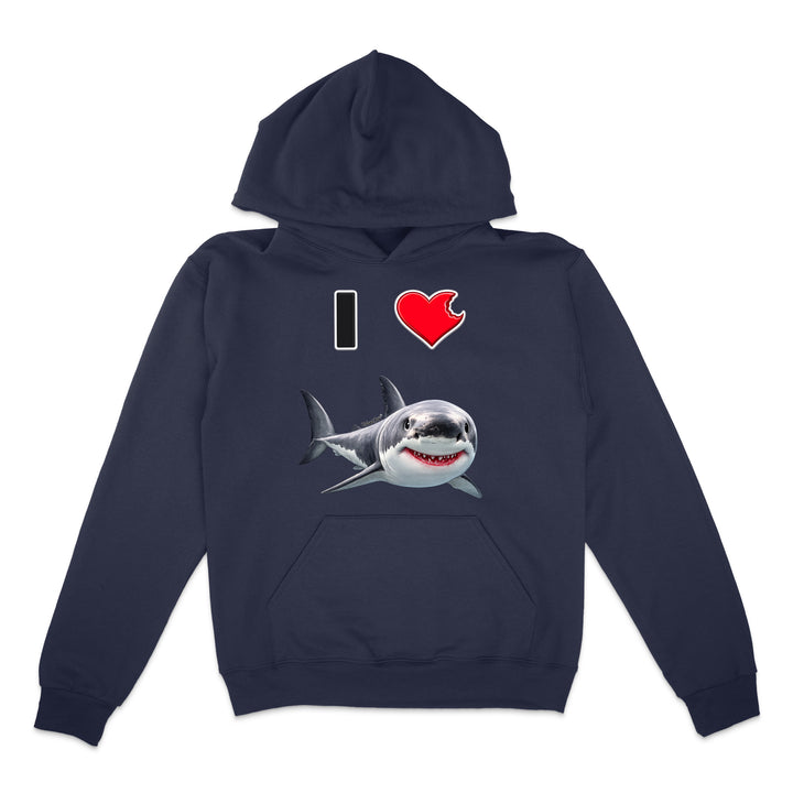 A navy hoodie with a graphic print on the front showing a black and white shark below a red heart and the text 'I' in black, displayed on a solid white background.